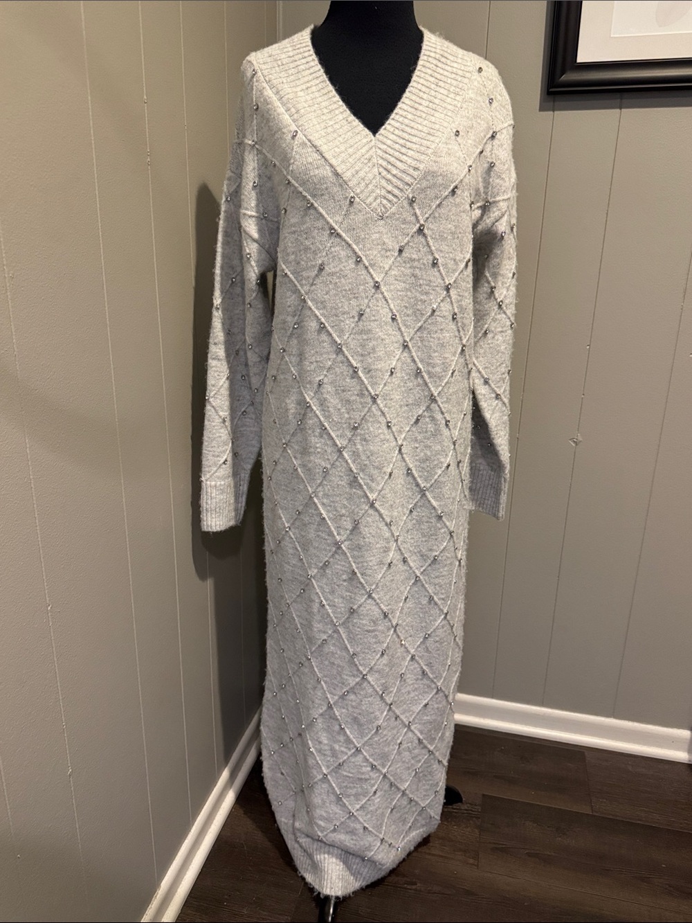 River Island marled light gray wool blend sweater knit V neck crystal stud maxi